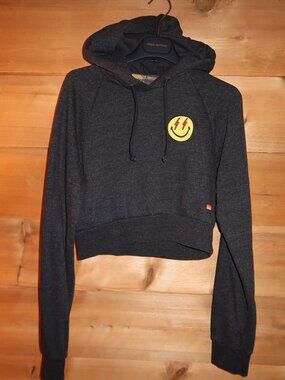 RARE Aviator Nation Black Smiley Bolt Eyes Cropped Hoodie